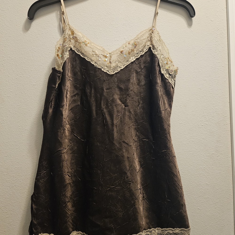 No Boundaries Brown Crushed Satin Lace Trim Sequin Camisole Top Juniors Medium M